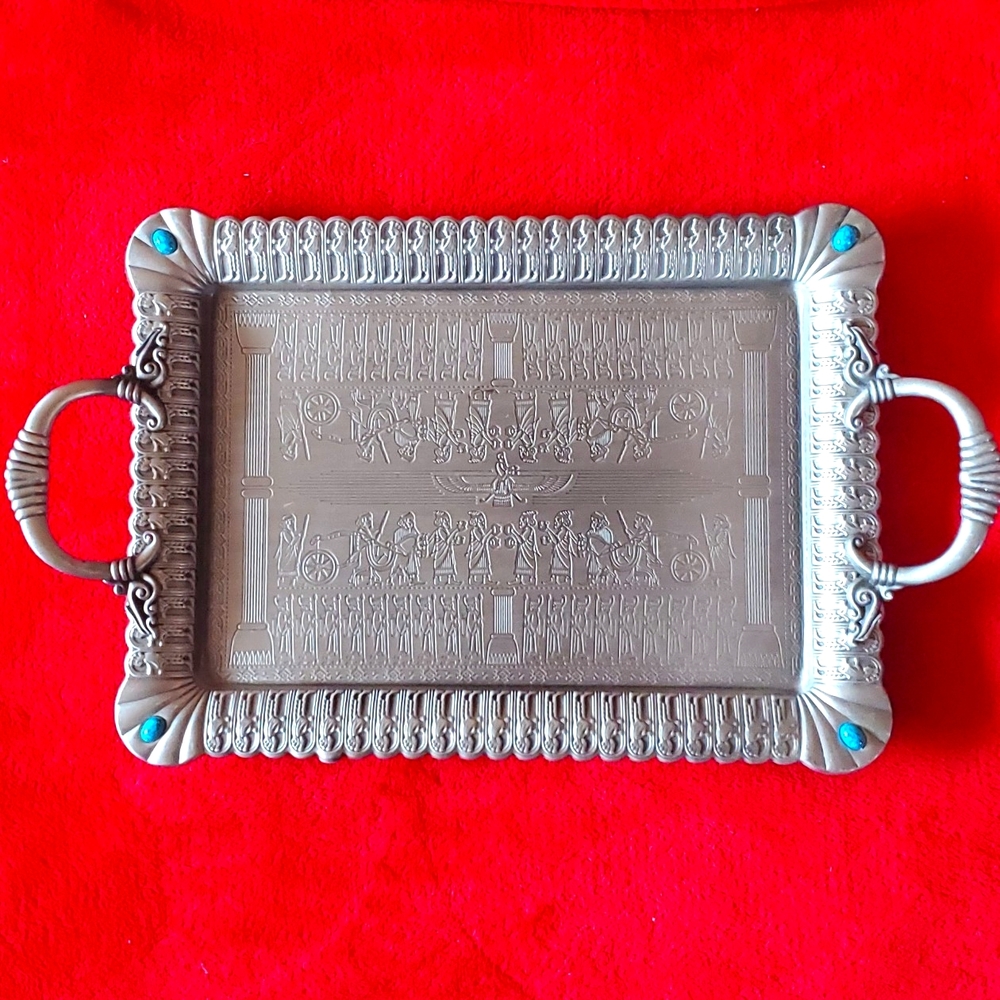 Metal Serving Tray with beautiful Design and  turquoise stone on each corner.